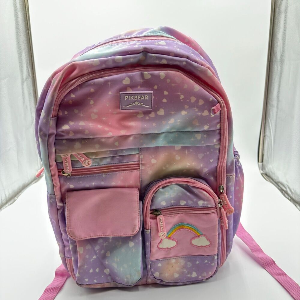Pikbear Girls Rainbow Hearts School Backpack Pastel Pink Purple